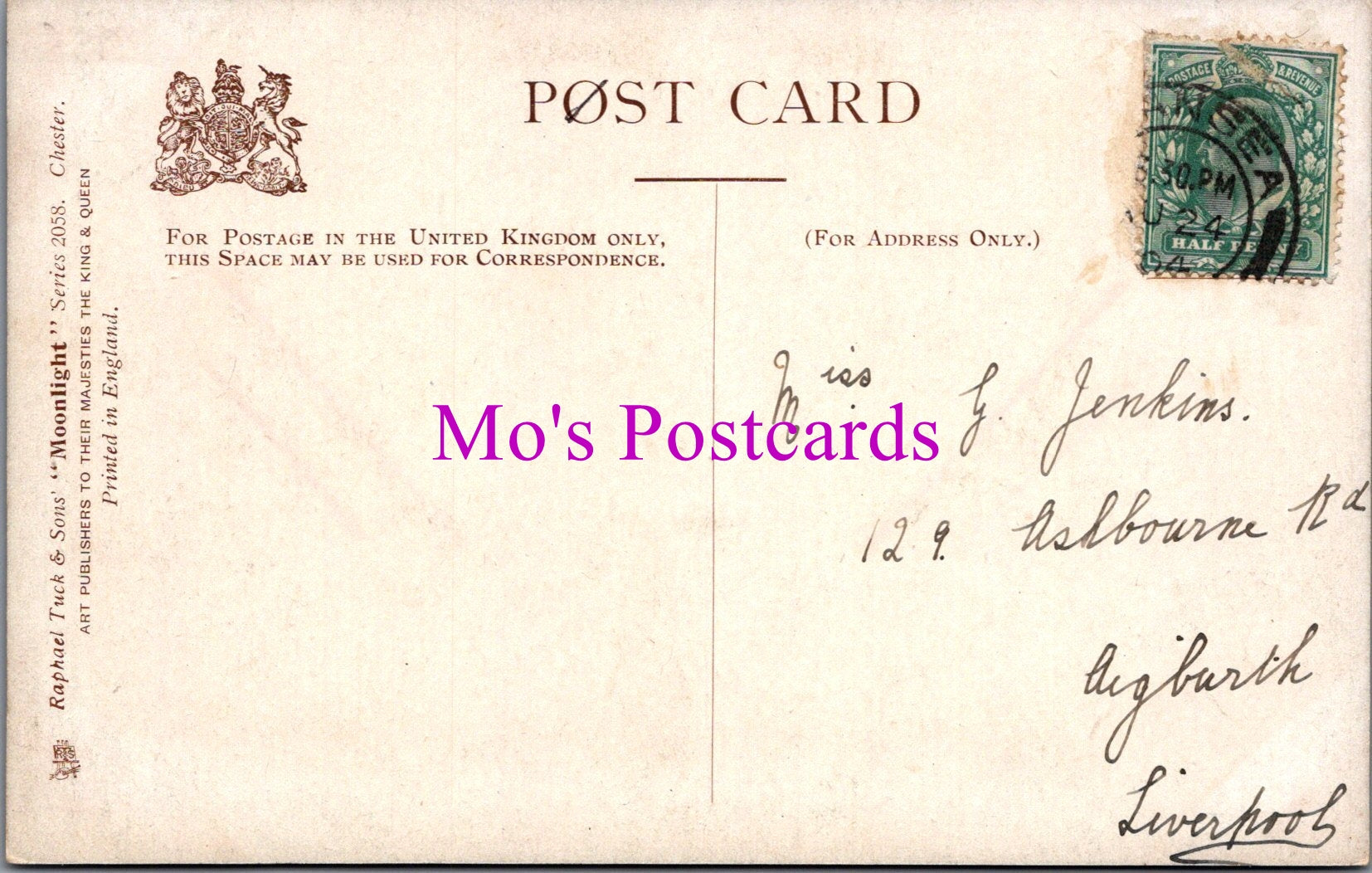 Vintage postcard with stamps and text, featuring 'Mo's Postcards' branding.