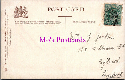 Vintage postcard with stamps and text, featuring 'Mo's Postcards' branding.