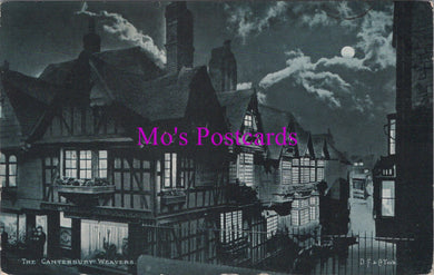 Vintage-style black and white illustration of half-timbered houses at night with a moonlit sky.