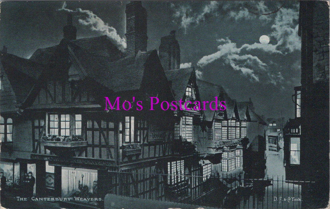 Vintage-style black and white illustration of half-timbered houses at night with a moonlit sky.