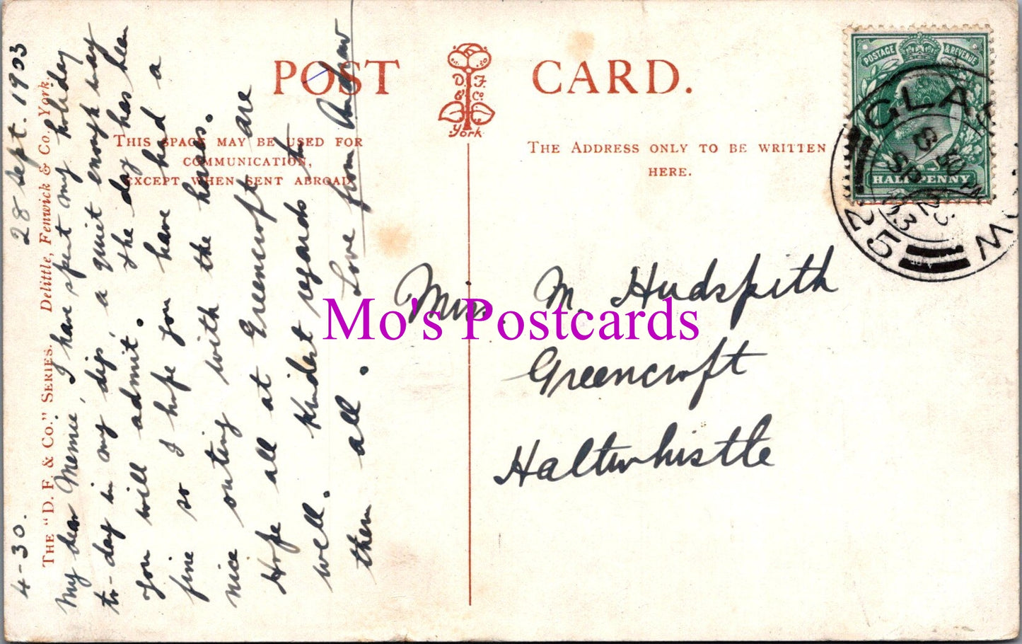 Vintage postcard with handwritten text, postage stamp, and postmark.
