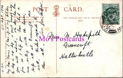 Vintage postcard with handwritten text, postage stamp, and postmark.