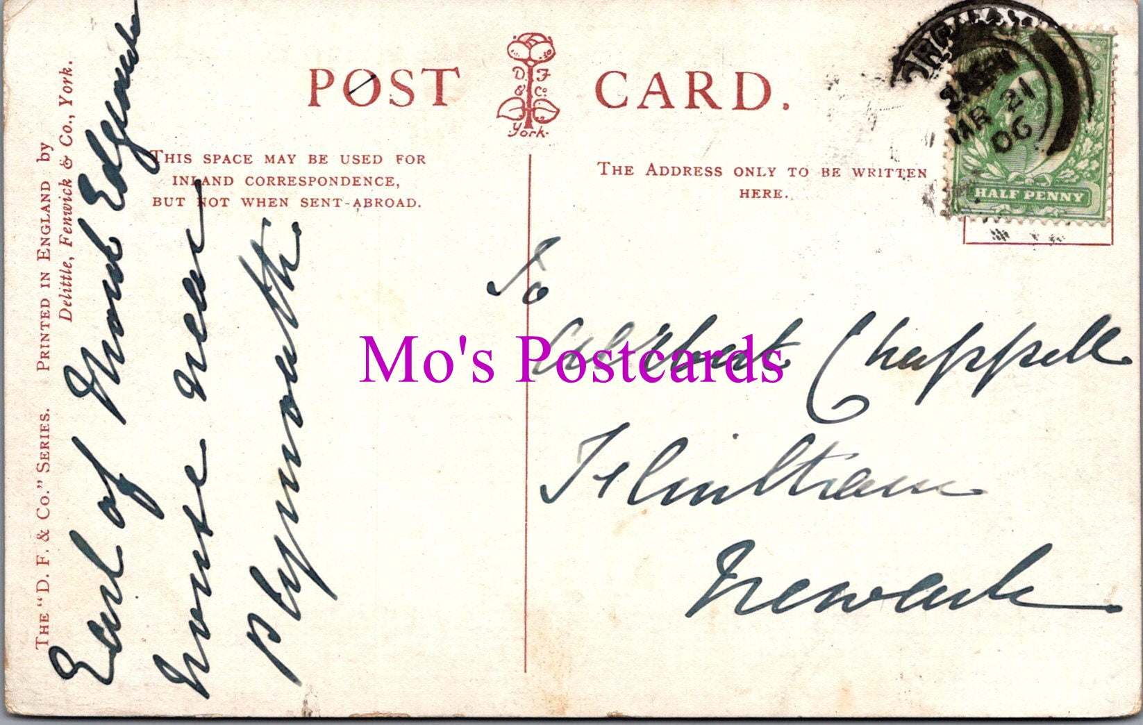 Vintage postcard with handwritten text and a stamp, featuring 'Mo's Postcards' branding.