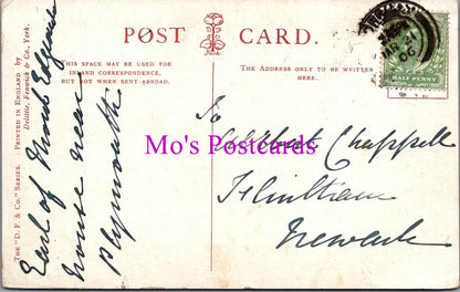 Vintage postcard with handwritten text and a stamp, featuring 'Mo's Postcards' branding.