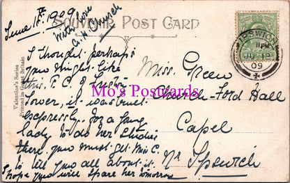 Vintage postcard with handwritten text and a stamp, featuring the brand 'Moo's Postcards'.