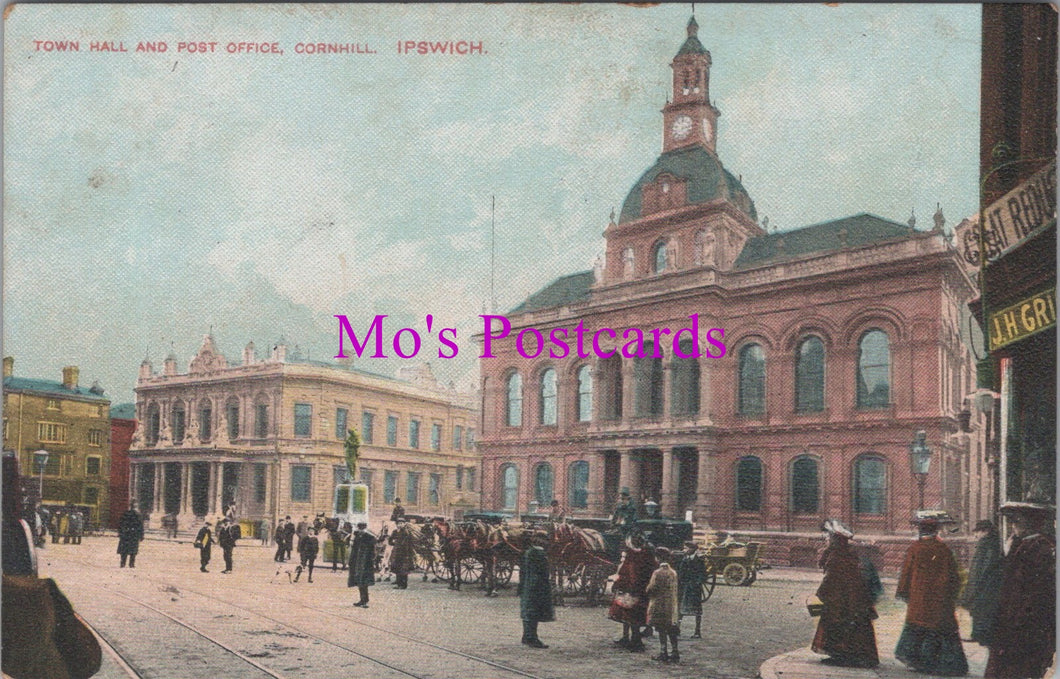 Vintage postcard of Town Hall and Post Office, Cornhill, Ipswich with 'Mo's Postcards' text overlay.