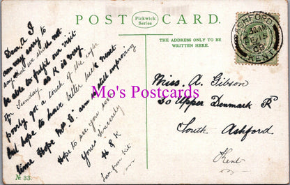 Vintage postcard with handwritten text and a stamp, featuring the brand 'Mo's Postcards'.