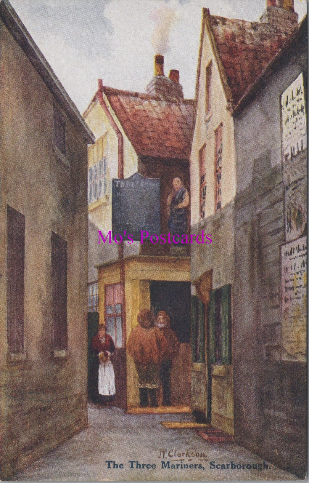 Vintage illustration of a narrow street with people and a shop, featuring 'MO's Postcards' branding.
