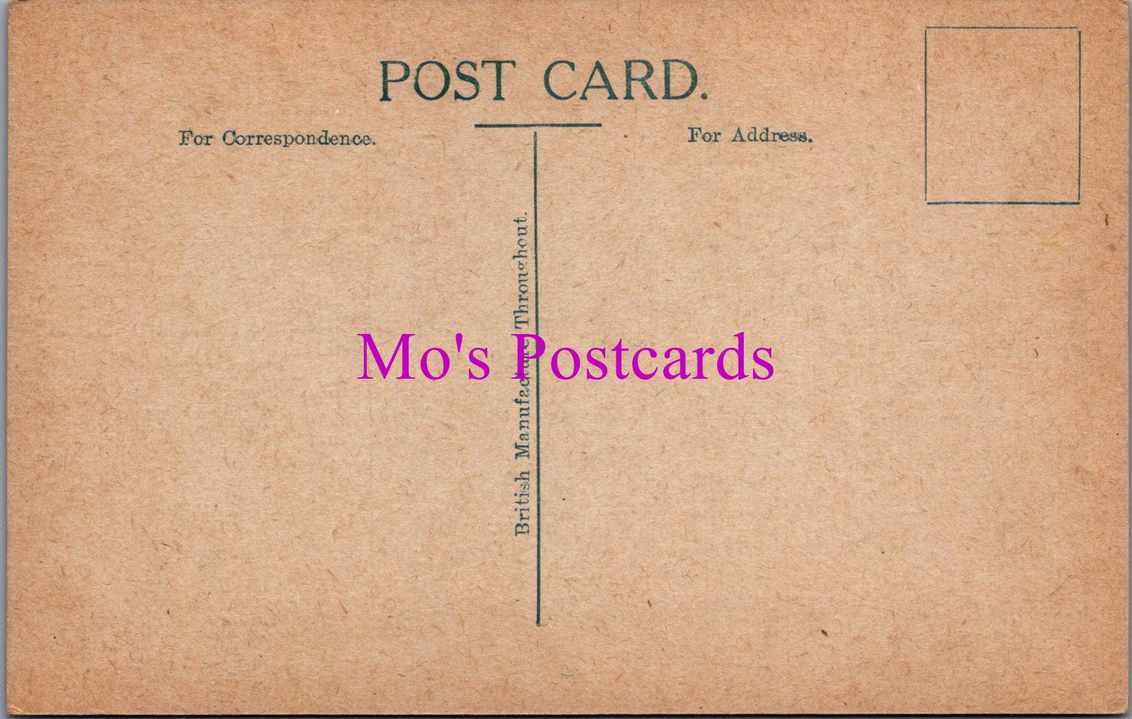 Vintage-style postcard with 'Mo's Postcards' text in purple on a brown background