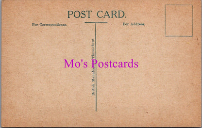 Vintage-style postcard with 'Mo's Postcards' text in purple on a brown background