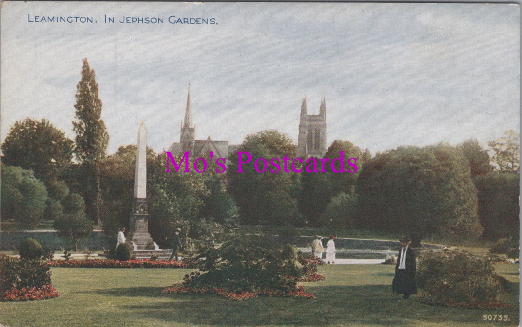 Vintage postcard of Leamington Spa with Jephson Gardens, featuring a monument and cathedral.