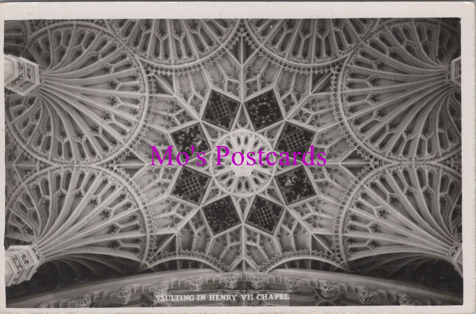 Decorative ceiling pattern with 'Mo's Postcards' text overlay