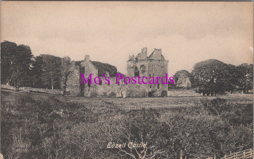 Vintage black and white postcard of Eddleston Castle with trees and grass.