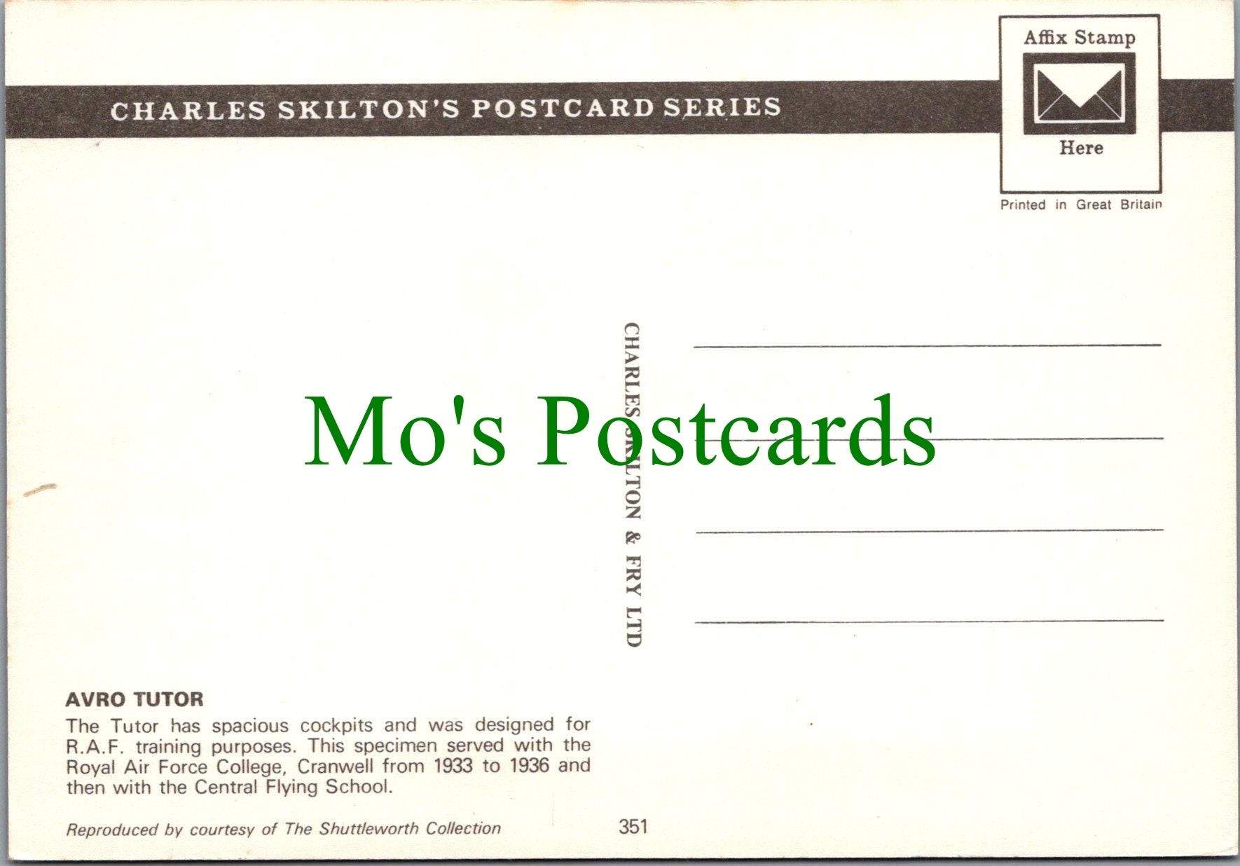Military Aviation Postcard - Avro Tutor, R.A.F Training Plane SW13716