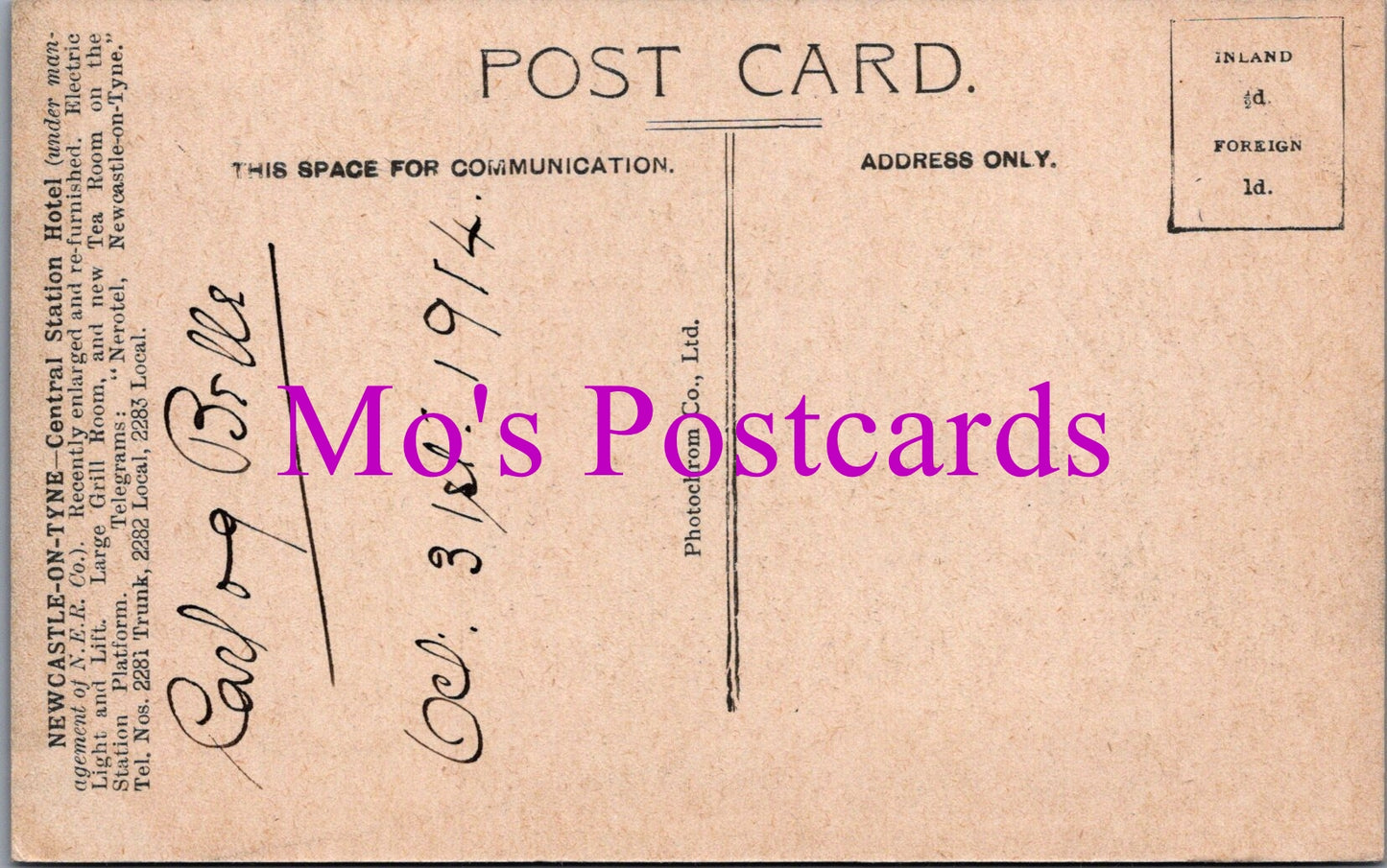 Northumberland Postcard - Newcastle Central Station Hotel SW15371