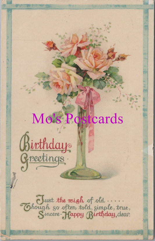 Greetings Postcard - Birthday Greetings - Vase of Roses   DZ88
