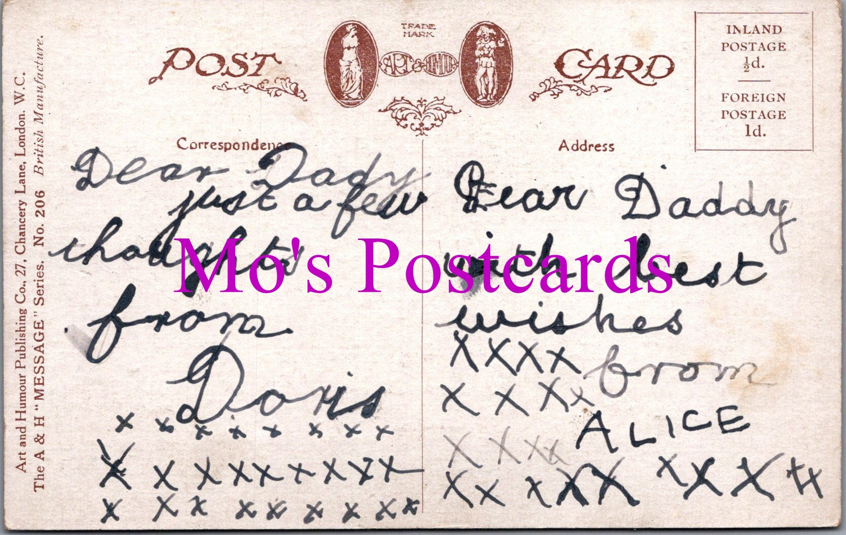 Greetings Postcard - To My Dear Daddy. Wartime Message  DZ89