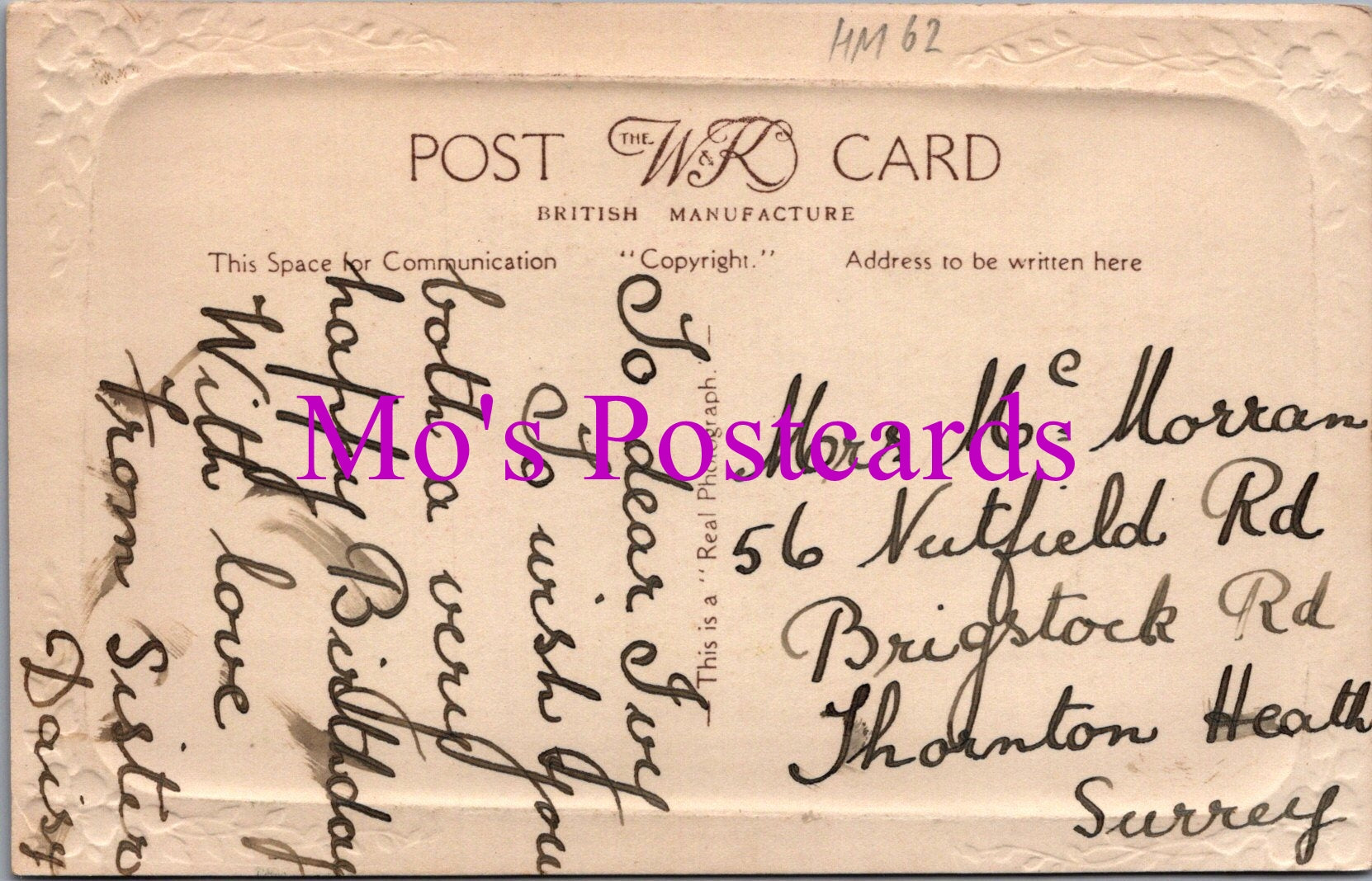 Greetings Postcard - Loving Birthday Greetings To My Sister  HM62