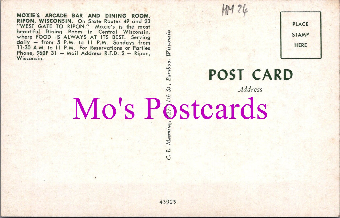America Postcard - Moxie's Arcade Bar, Ripon, Wisconsin  HM24