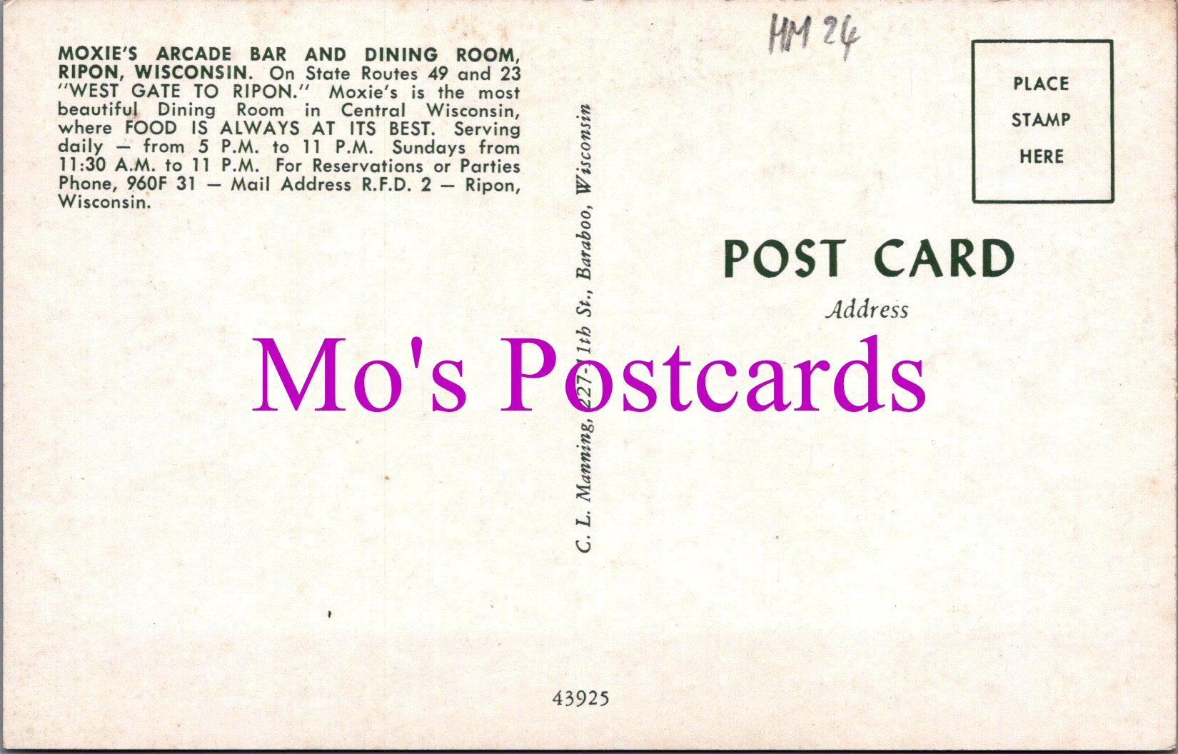 America Postcard - Moxie's Arcade Bar, Ripon, Wisconsin  HM24