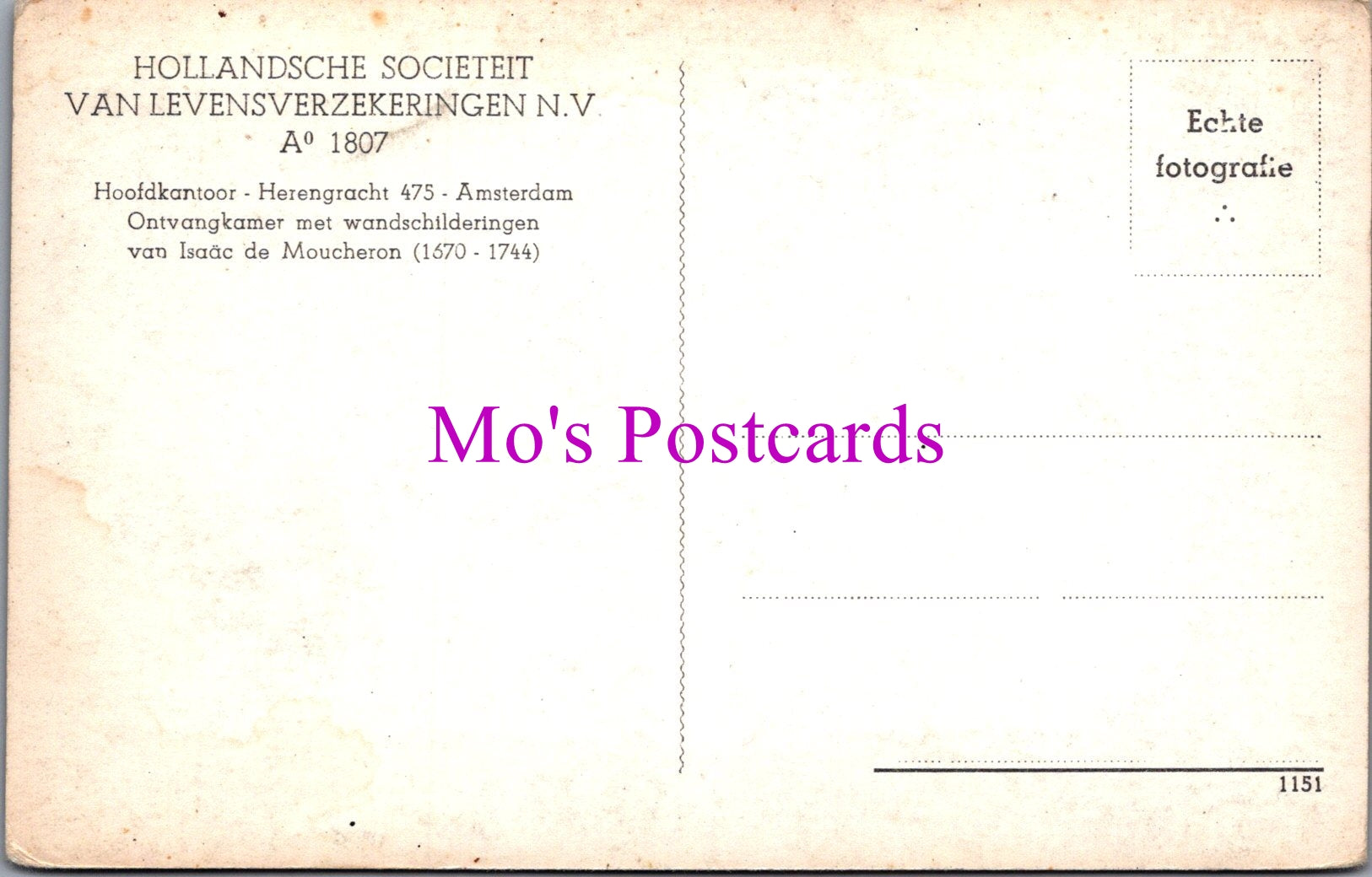 Netherlands Postcard - Hollandsche Societeit Van Levensverzekeringen N.V - SW14452