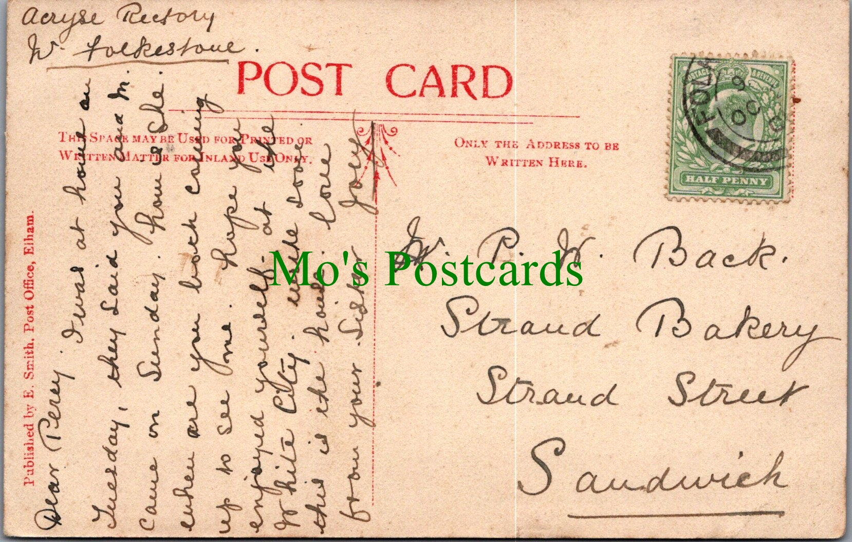 Kent Postcard - Acryse (Acrise) Rectory, Near Folkestone   SW13954