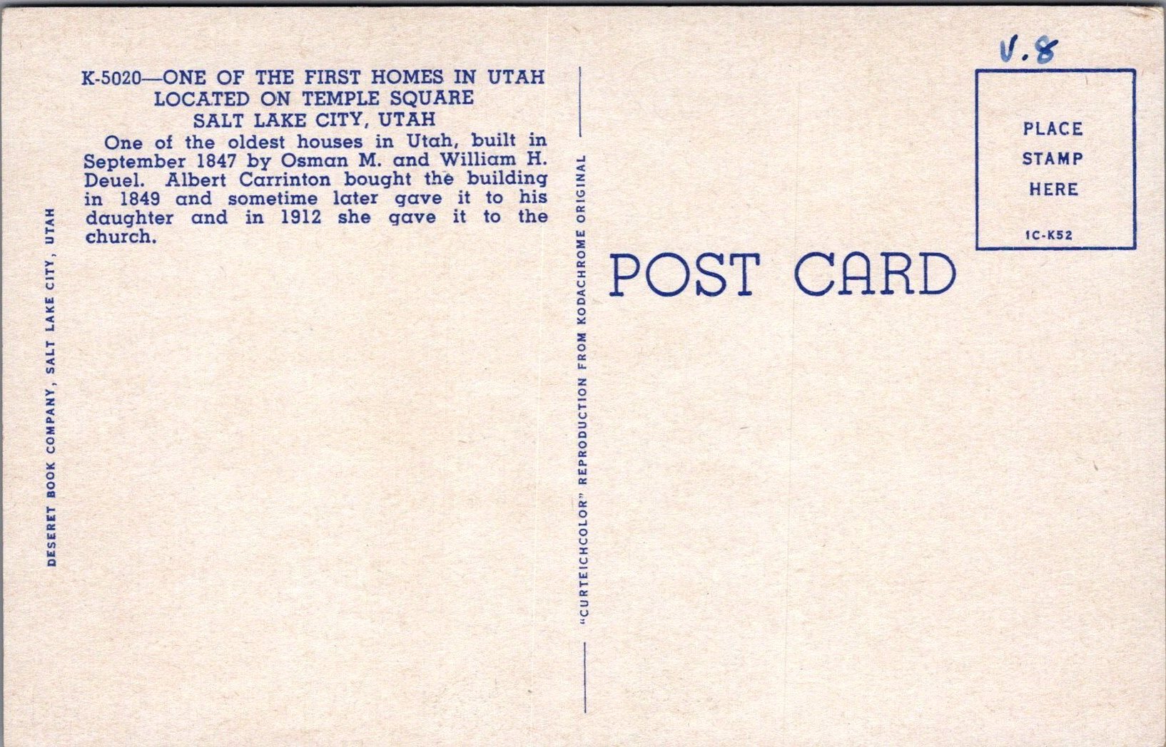 America Postcard - House on Temple Square, Salt Lake City, Utah  SW16516