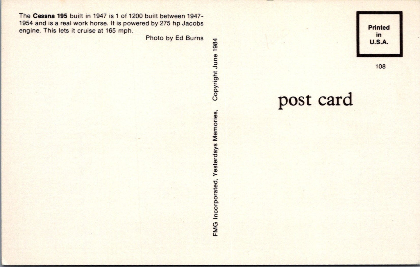 Aviation Postcard - The Cessna 195 Aeroplane  SW16529