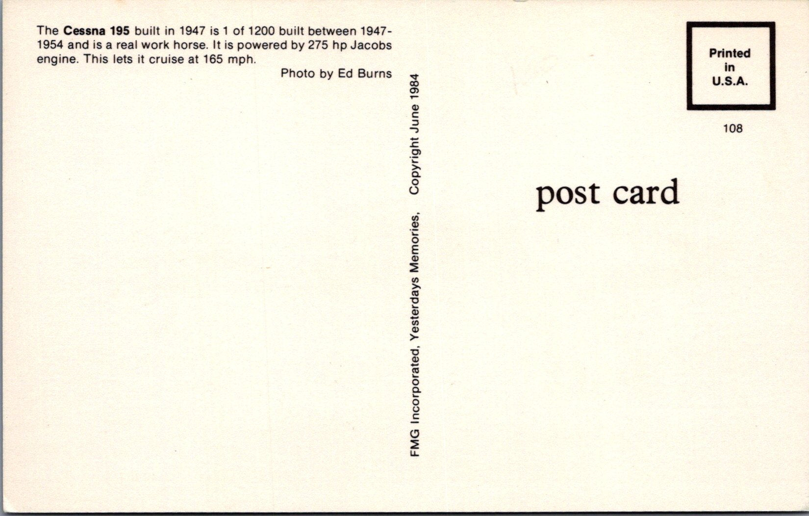 Aviation Postcard - The Cessna 195 Aeroplane  SW16529