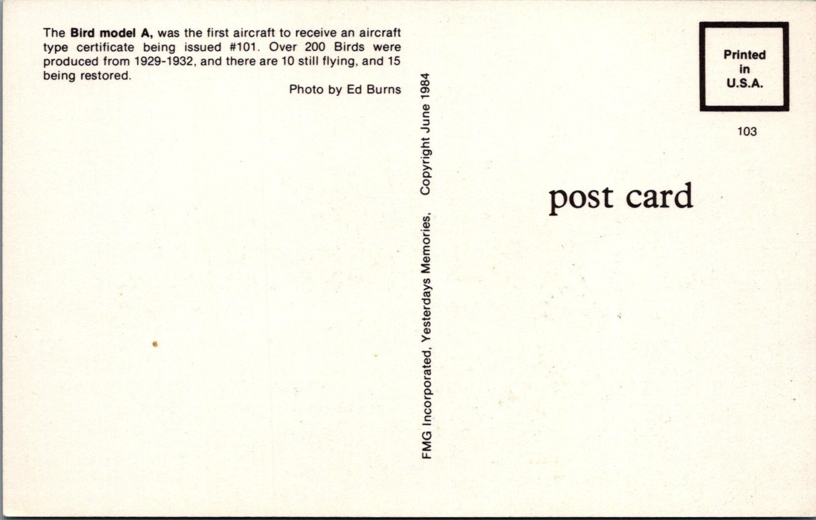 Aviation Postcard - The Bird Model A Aeroplane  SW16530