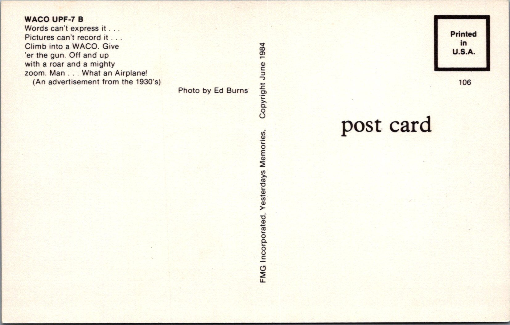 Aviation Postcard - Waco UPF-7 B Aeroplane  SW16533