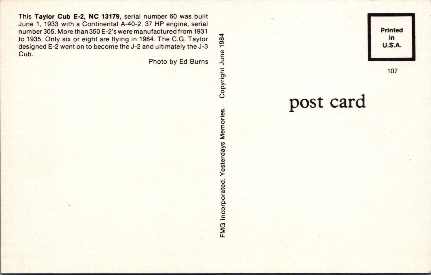 Aviation Postcard - Taylor Cub E-2, NC 13179 Aeroplane  SW16534