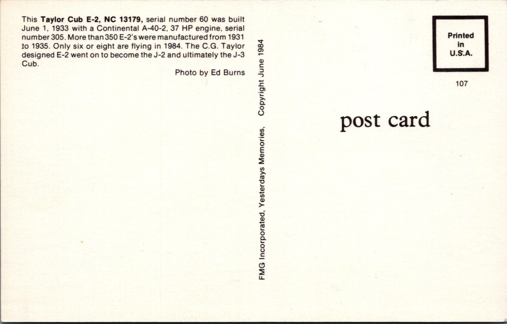 Aviation Postcard - Taylor Cub E-2, NC 13179 Aeroplane  SW16534