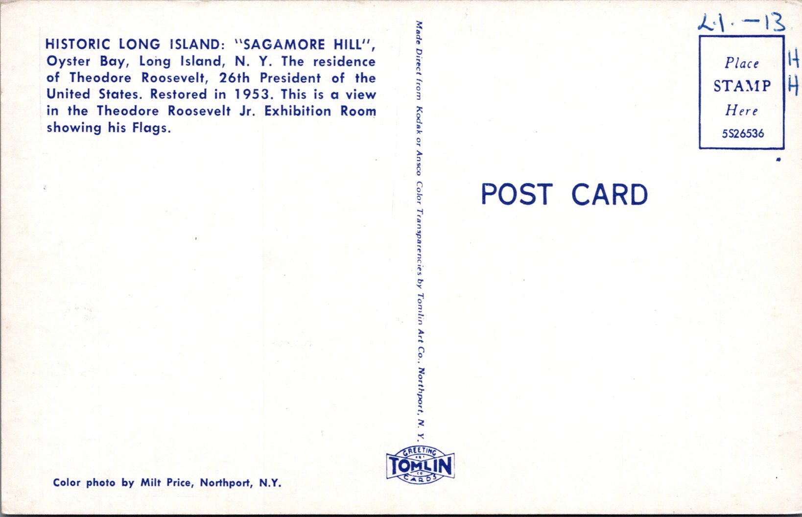 America Postcard - "Sagamore Hill", Oyster Bay, Long Island, New York  SW16536