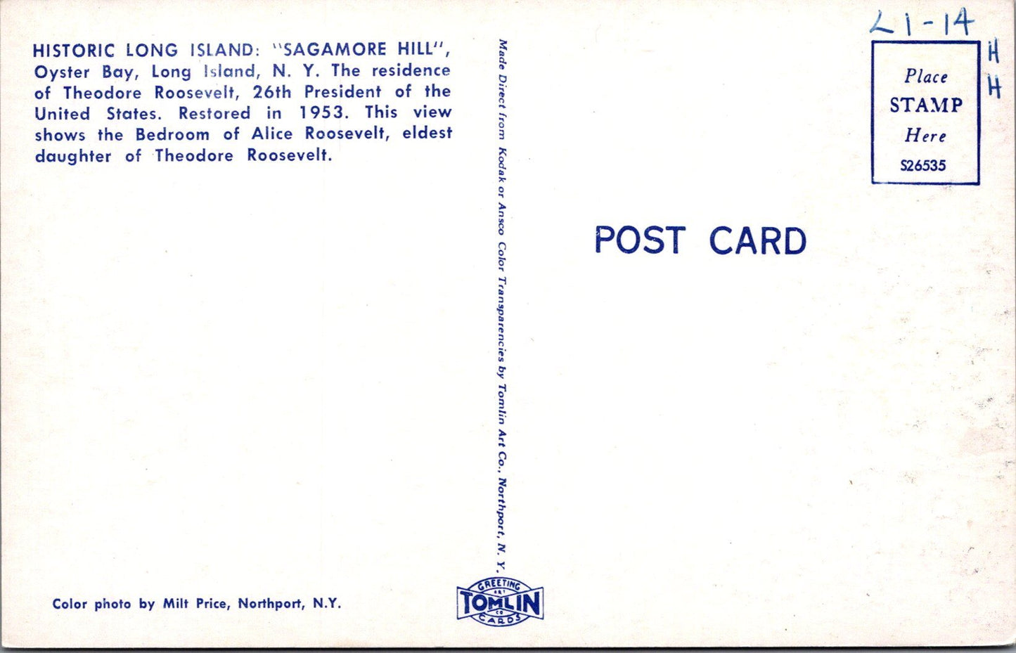 America Postcard - "Sagamore Hill", Oyster Bay, Long Island, New York  SW16537
