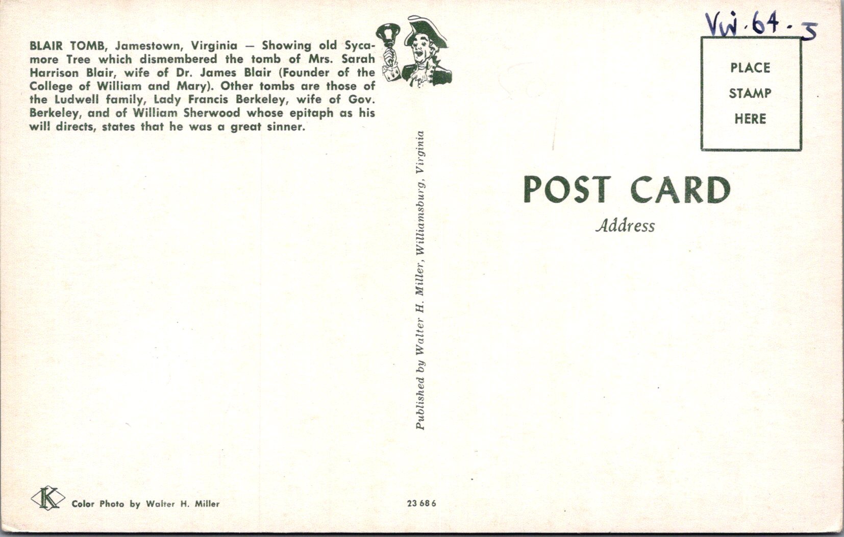 America Postcard - Blair Tomb, Jamestown, Virginia   SW16550