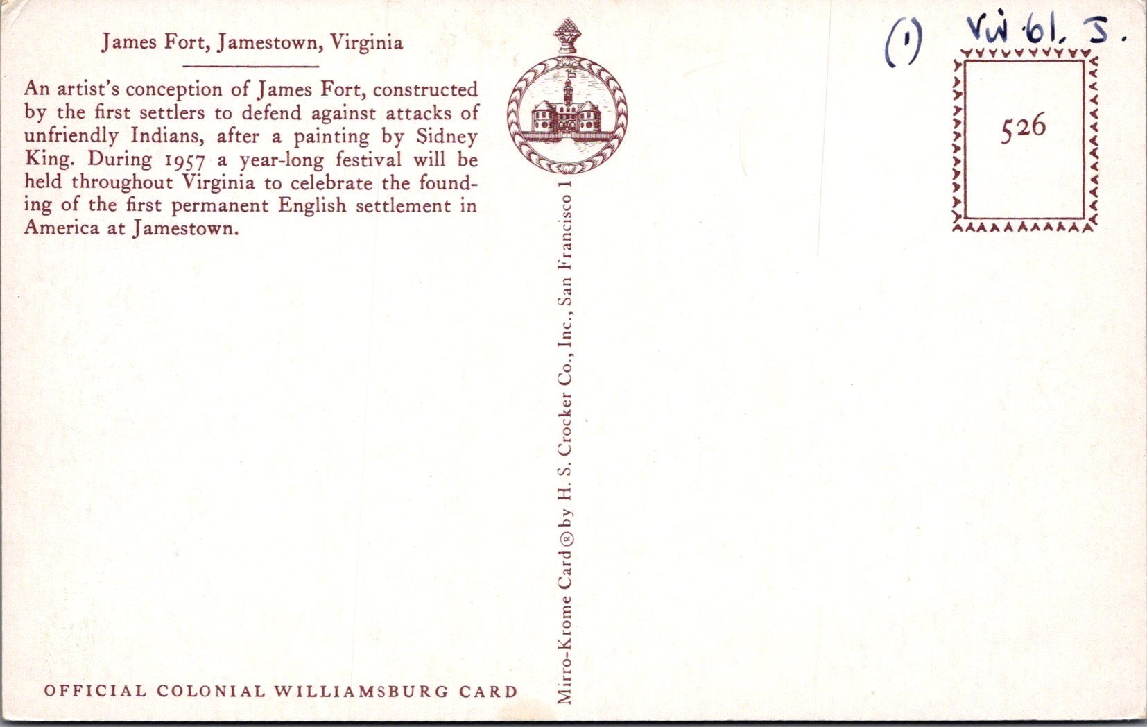 America Postcard - James Fort, Jamestown, Virginia   SW16551