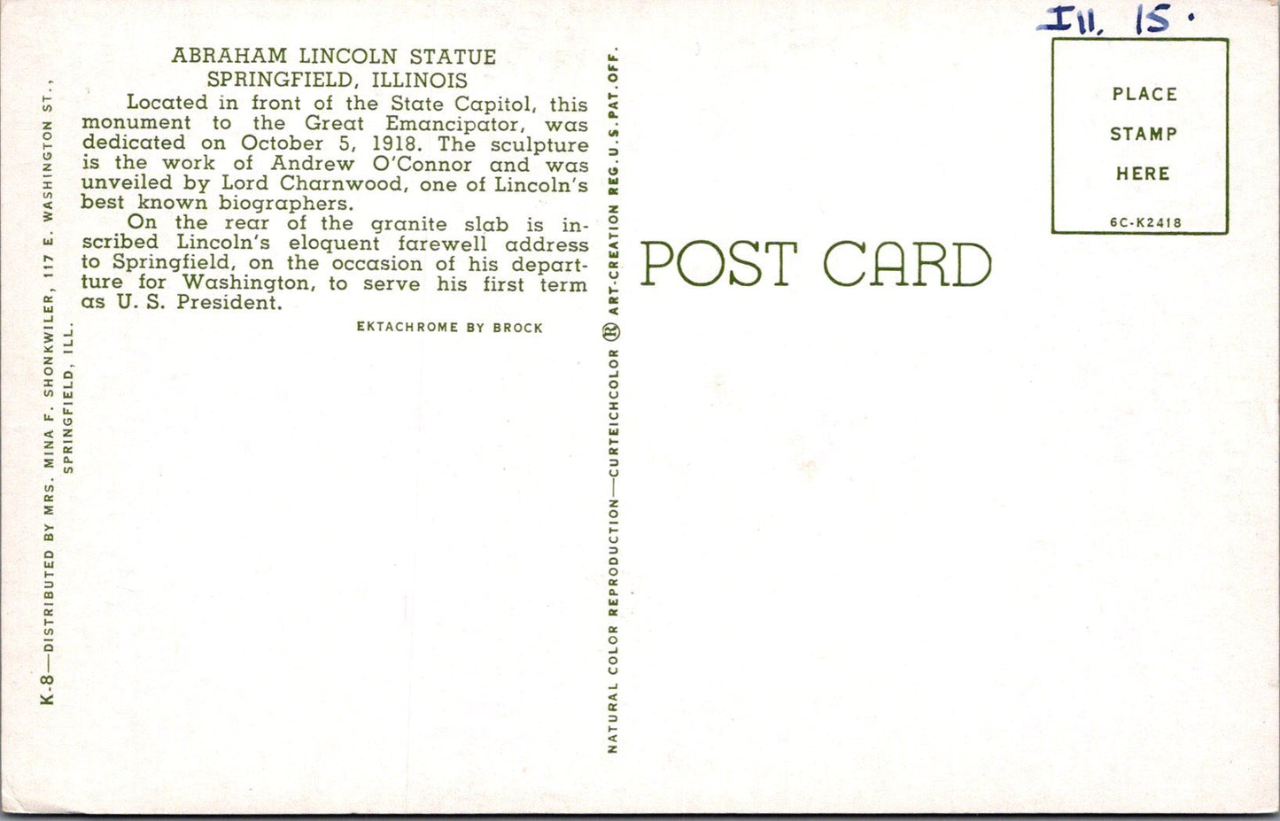 America Postcard - Abraham Lincoln Statue, Springfield, Illinois  SW16554