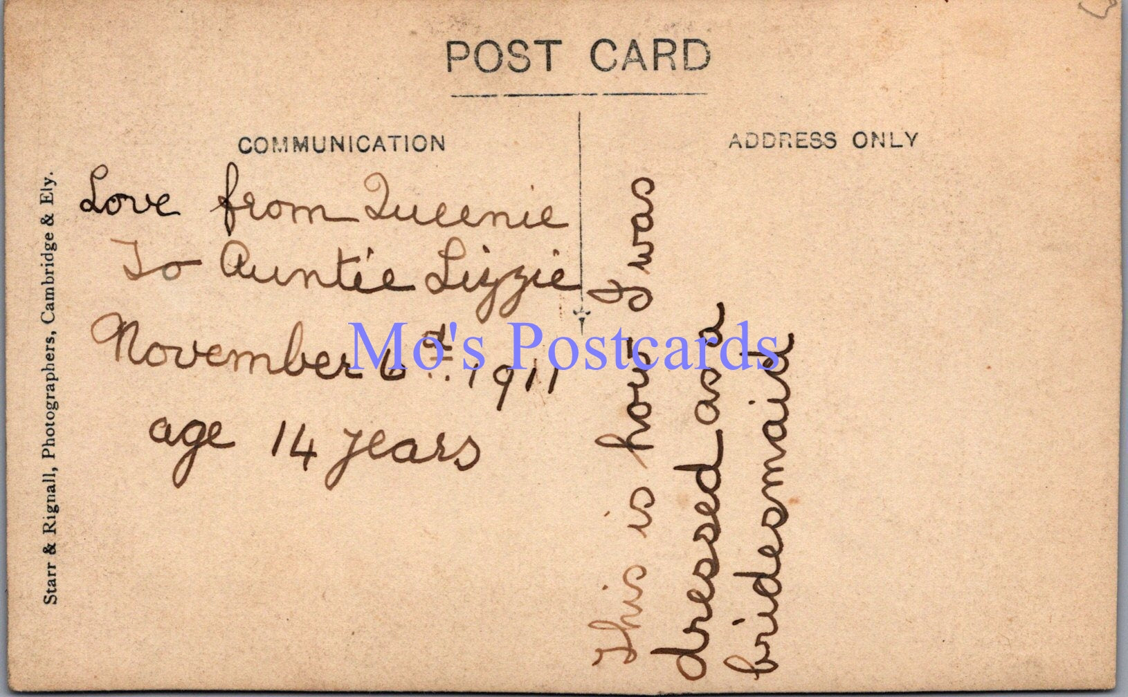 Social History Postcard - 14 Year Old Girl Called Queenie   DZ64