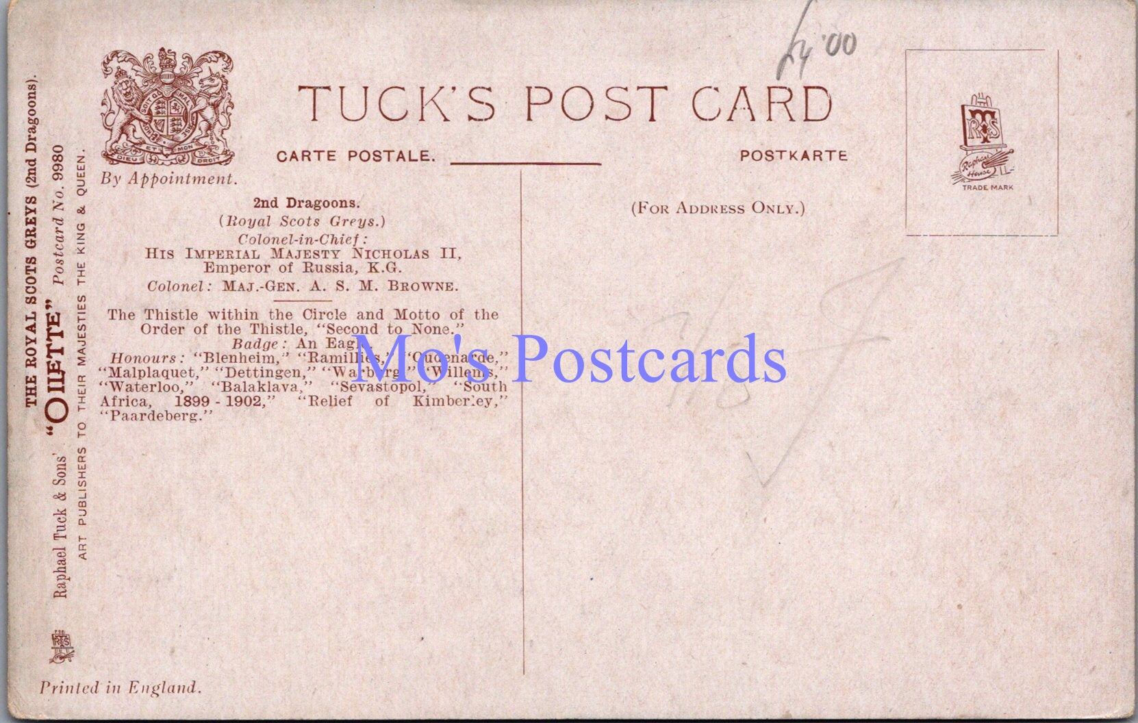 Military Postcard - The Royal Scots Greys 2nd Dragoons  DZ103