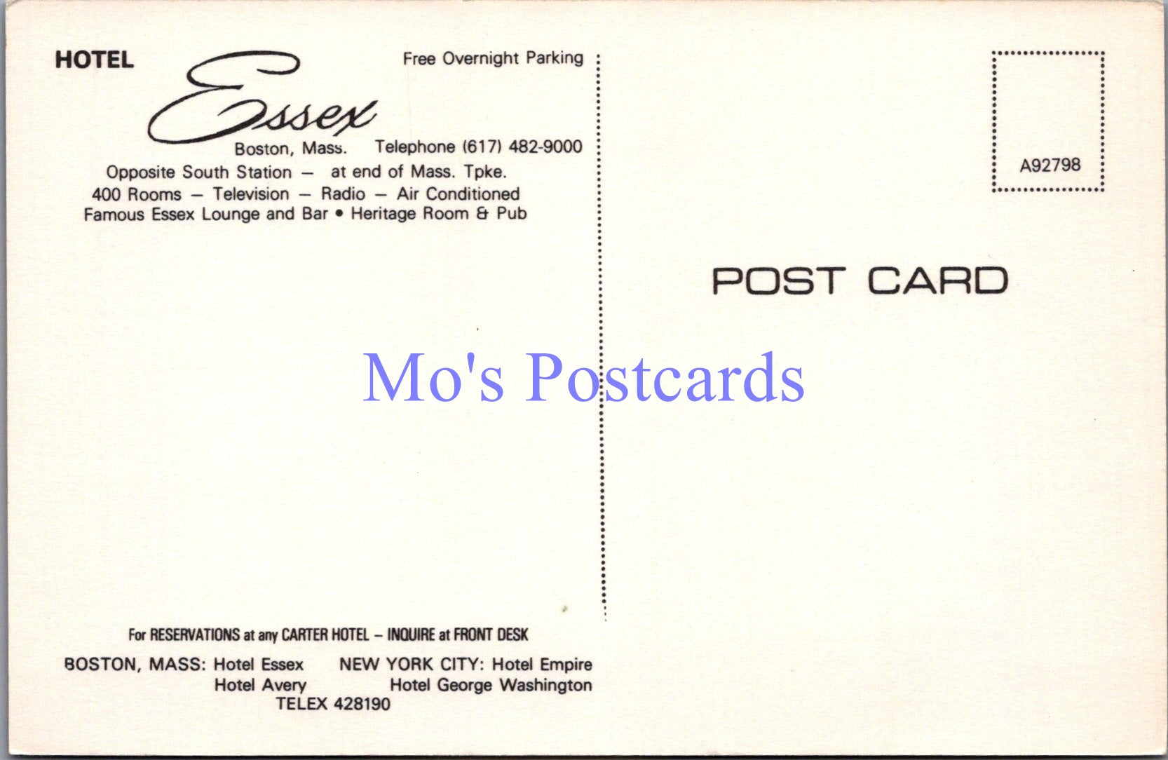 America Postcard - Hotel Essex, Boston, Massachusetts  SW14368