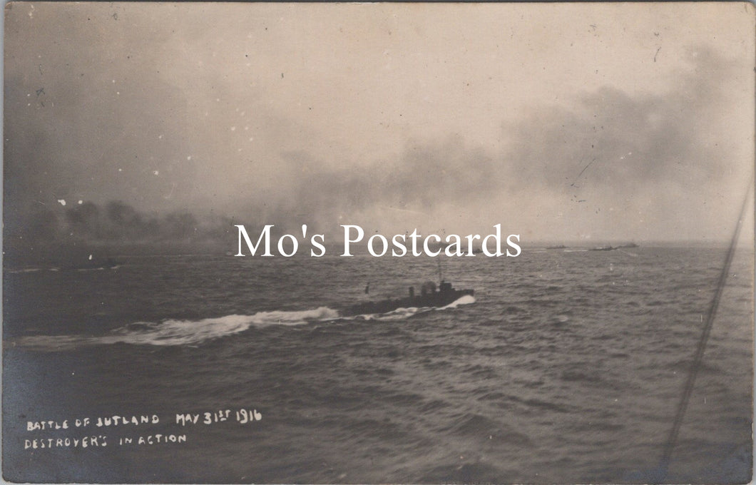 Vintage black and white postcard of a ship in action during the Battle of Jutland 