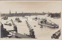 Load image into Gallery viewer, Vintage black and white photo of a harbor with ships and cranes
