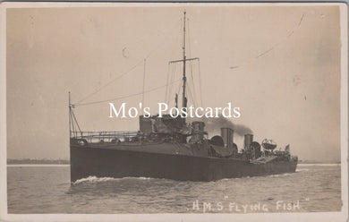 Vintage black and white photograph of a ship labeled 'H.M.S. Flying Fish' on a postcard.