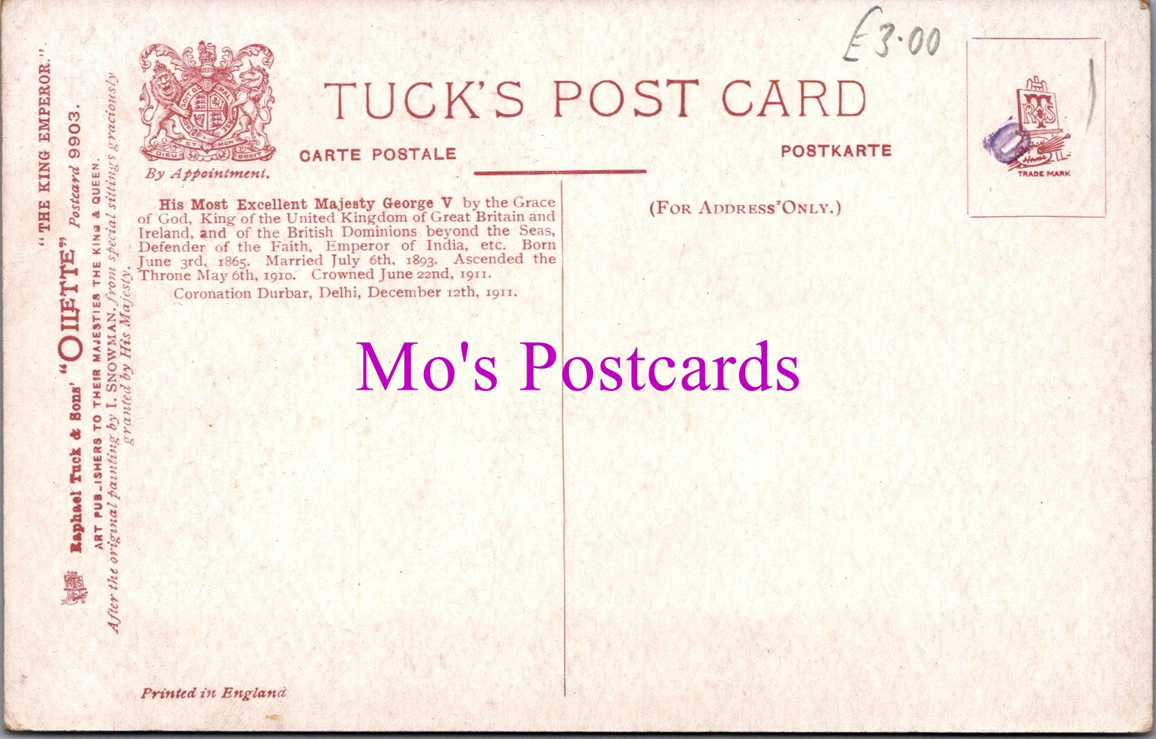 Royalty Postcard - The King Emperor, King George V -  SW14596