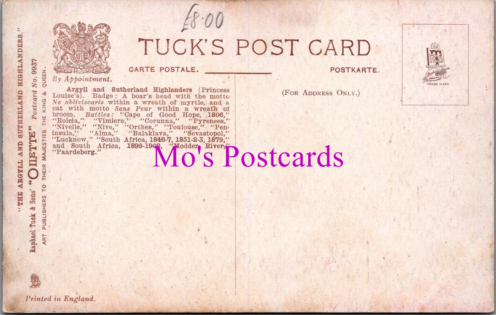 Military Postcard - Argyll and Sutherland Highlanders  SW14619