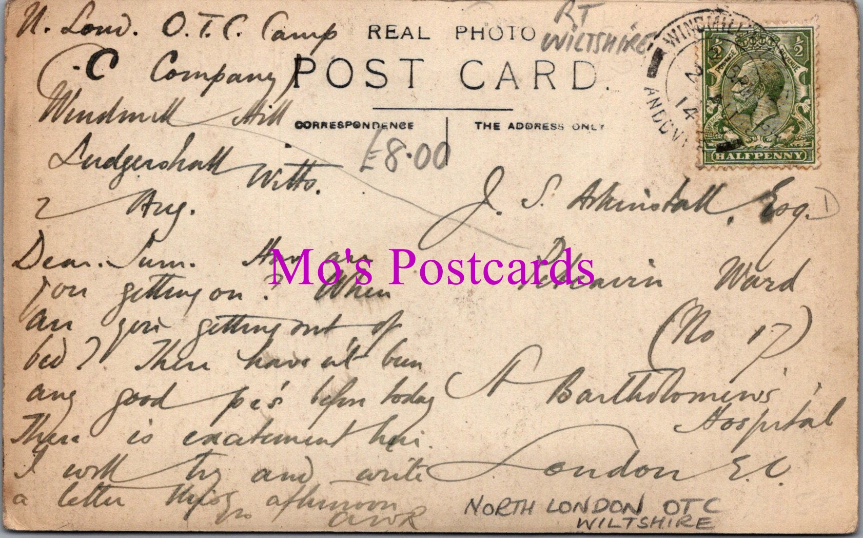Military Postcard - No 1 Battalion, North London OTC, Wiltshire  SW15133