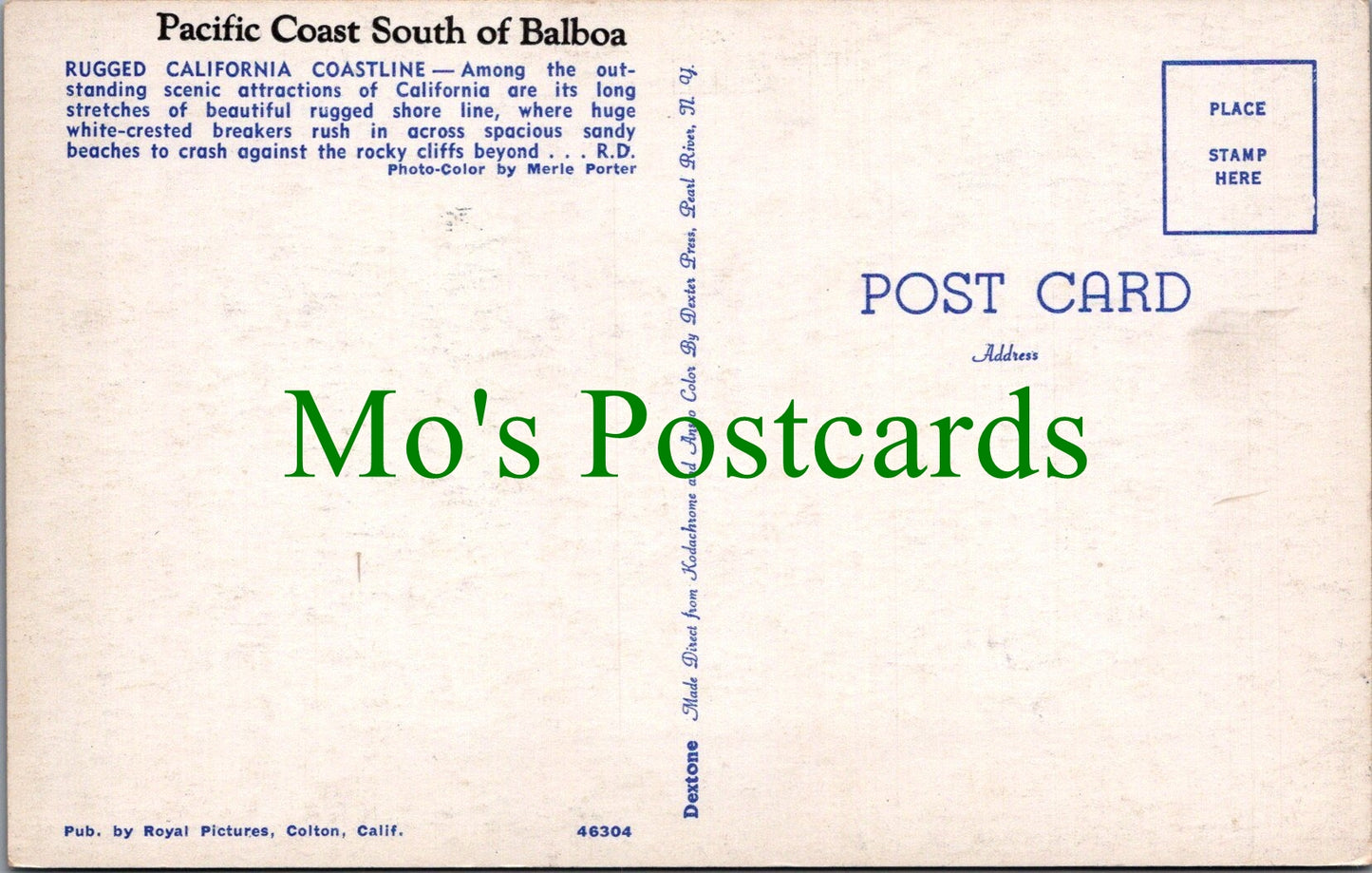 America Postcard - Pacific Coast South of Balboa, California  SW13615