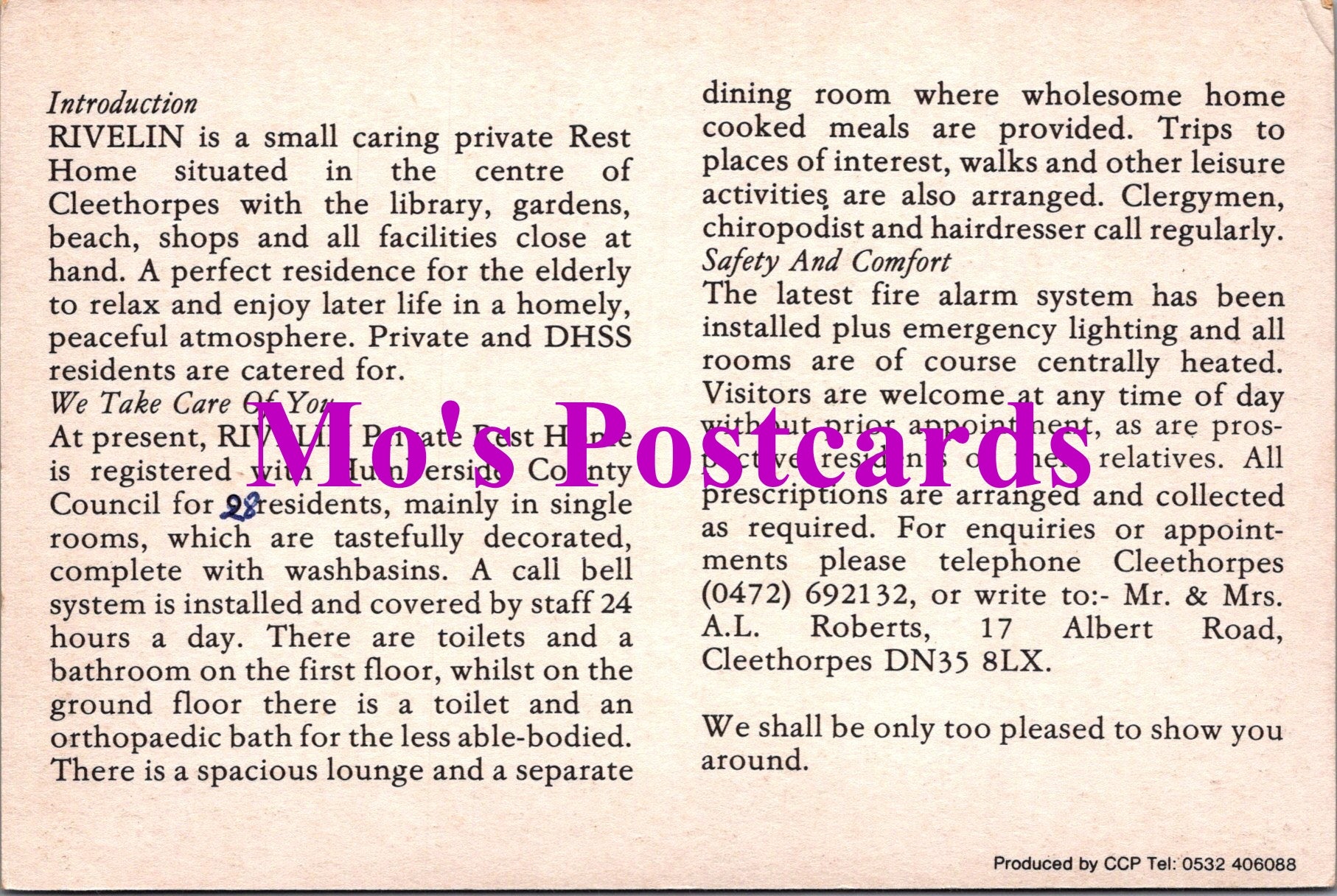 Lincolnshire Card - Rivelin Rest Home, 17 Albert Road, Cleethorpes  SW15012