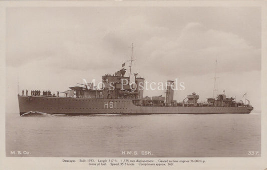 Naval History Postcard - HMS Esk, Royal Navy E-Class Destroyer XT118